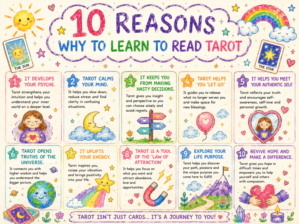 Infographic on 10 reasons to learn tarot