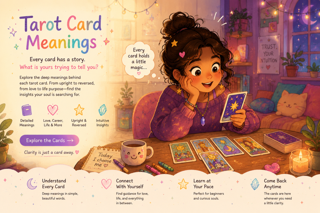 A young girl sitting in a cozy room, looking at tarot cards with wonder and curiosity, symbolizing spiritual discovery, intuition, and tarot guidance.